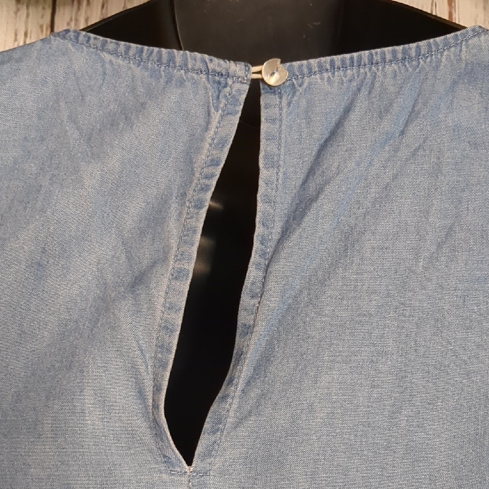 Philosophy Tencel Chambray Drop Waist Dress W/ Long Sleeves, Floral Embroidery - Picture 7 of 13